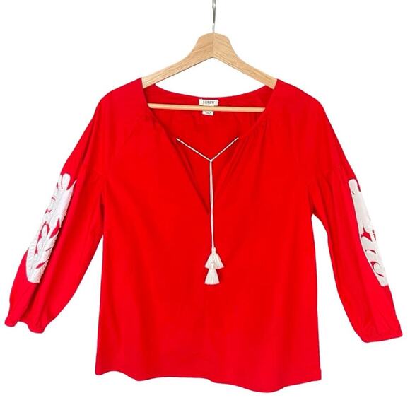 J.CREW Red Peasant Top Floral Appliqué Tassel Tie Boho Blouse - XS - Picture 4 of 15